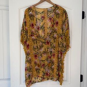 Time and Tru Mustard Floral Swimsuit Cover-up with Pom Trim size One Size